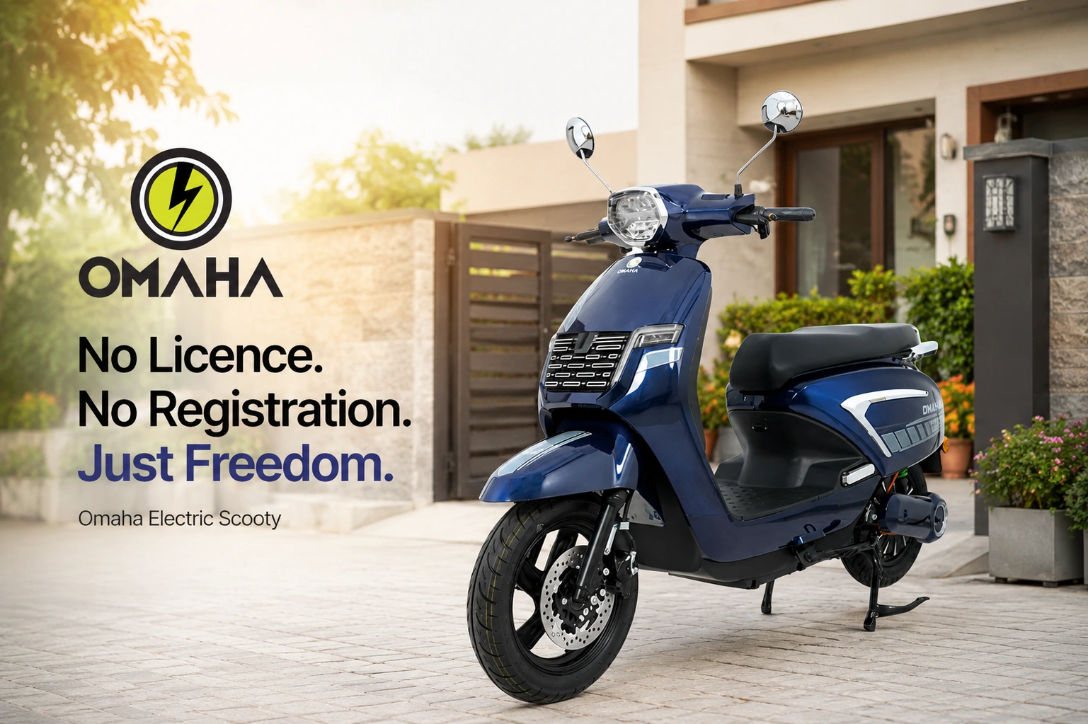 Omaha electric scooty in Activa-style step-through design parked outside a home — no licence, no registration