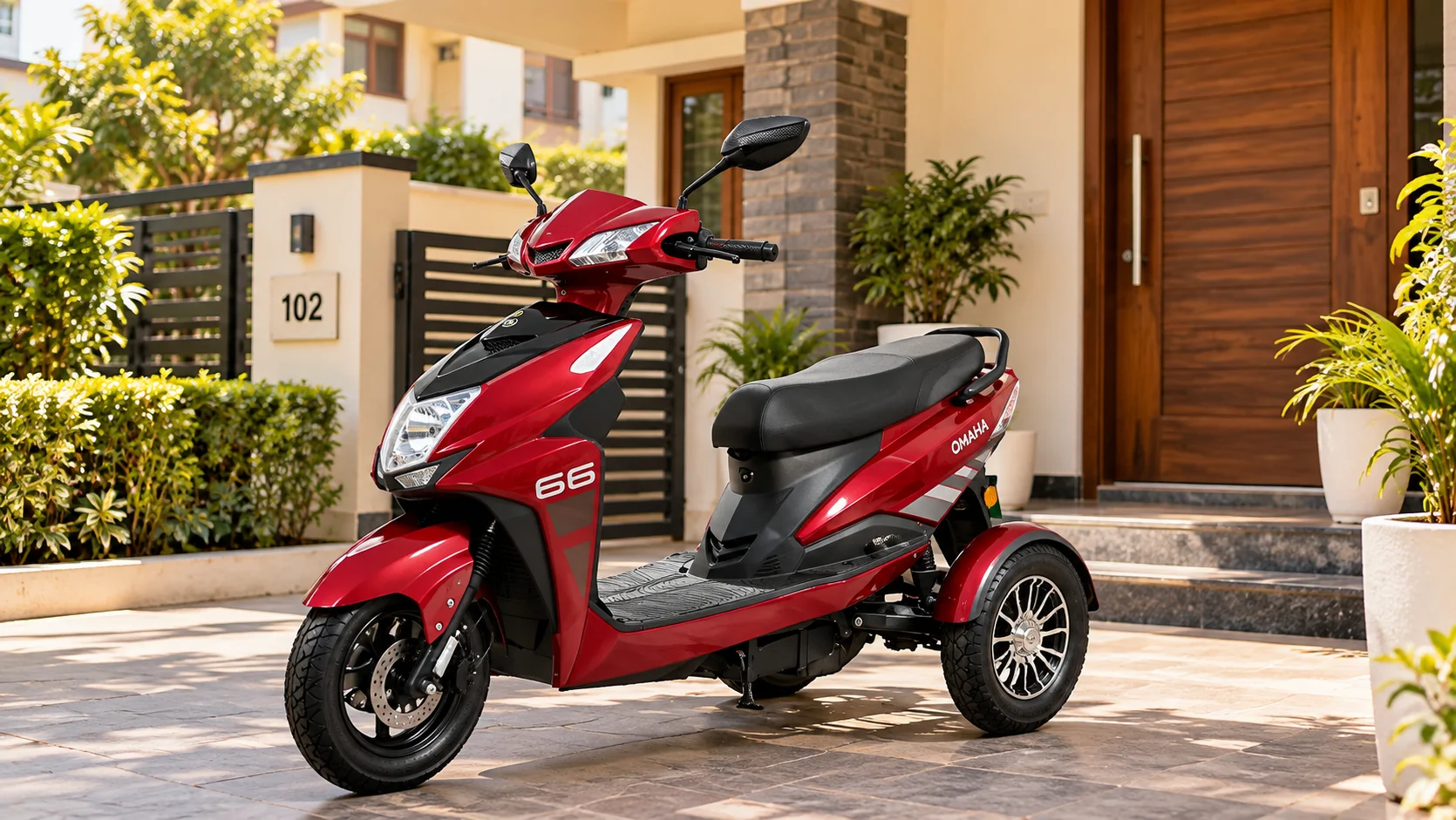 Omaha Drake 3 Wheel electric scooter parked outside a house — 3 wheel electric scooter for elderly riders