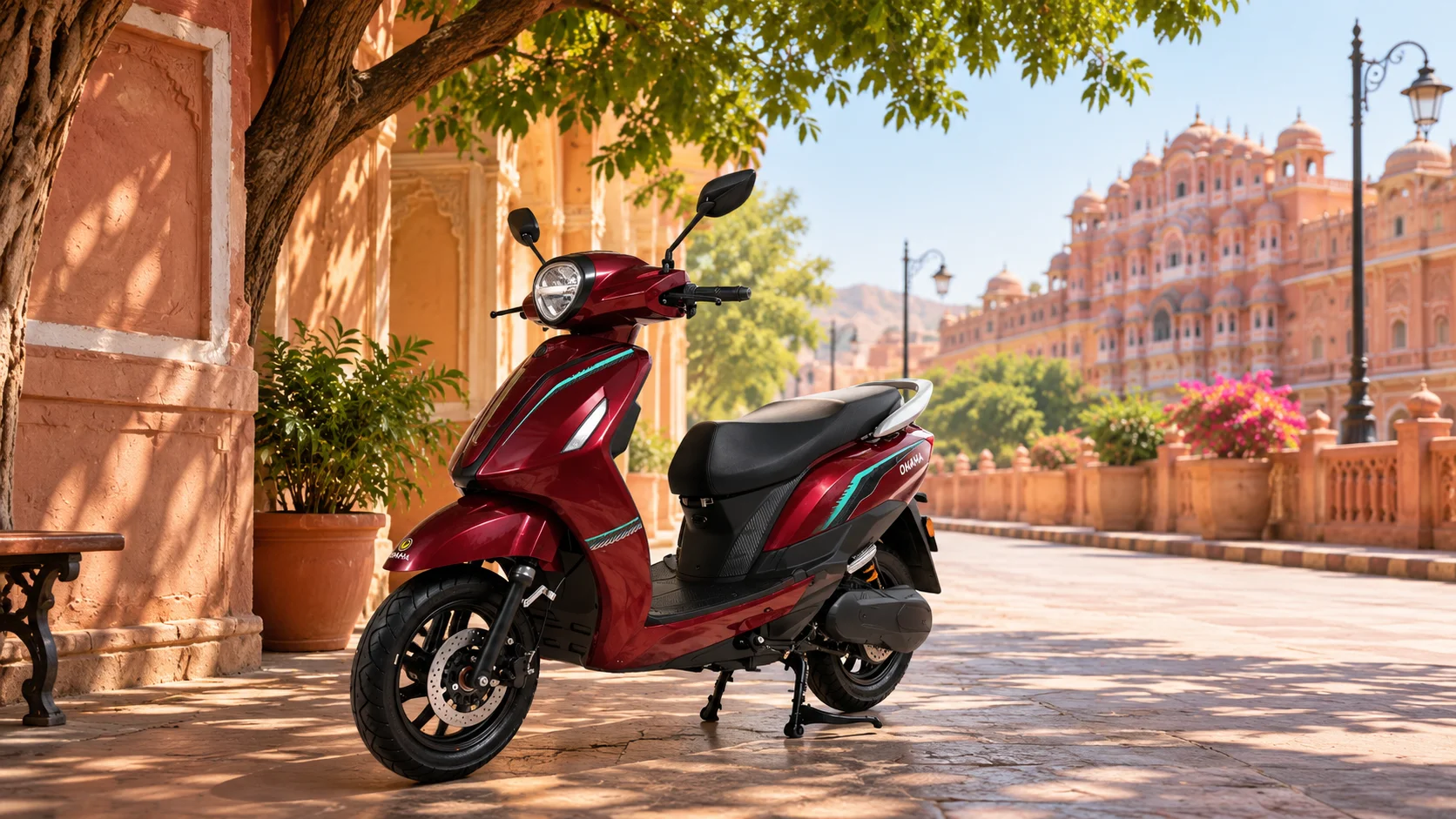 Electric scooty parked in shade on a hot Jaipur afternoon — electric scooty for Jaipur summer