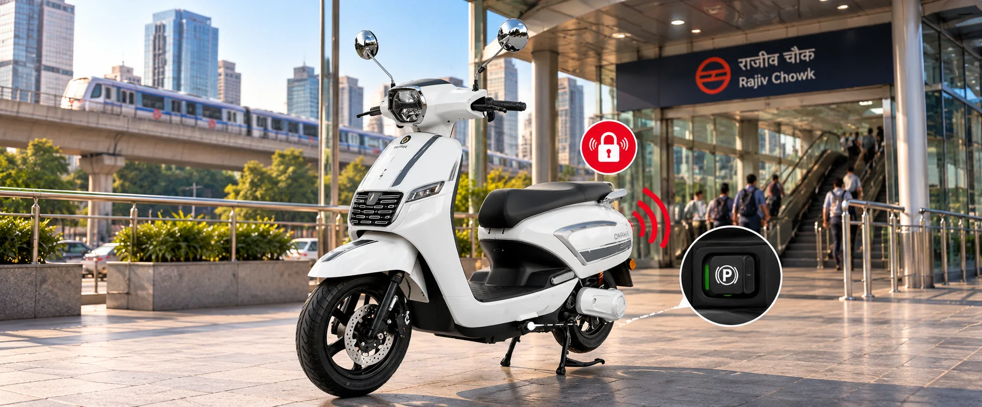 Omaha Starling Neo parked at a metro station with anti-theft alarm and parking switch — Starling Neo specifications