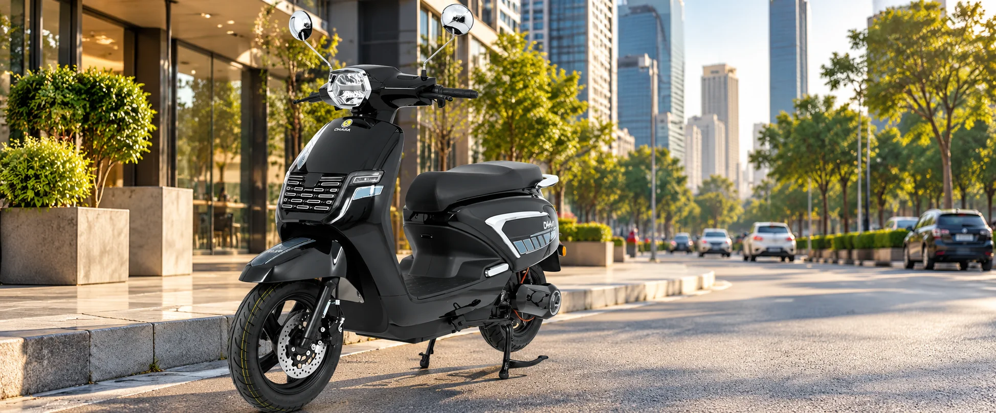 Omaha Starling Neo electric scooter parked on a city street